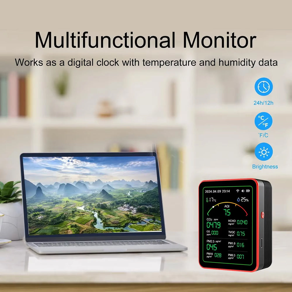 Moniteur de qualité de l'air intérieur 15-en-1 avec WiFi – Détecteur de CO2, COV, formaldéhyde et PM2,5 en temps réel pour la maison, le bureau et l'automatisation intelligente