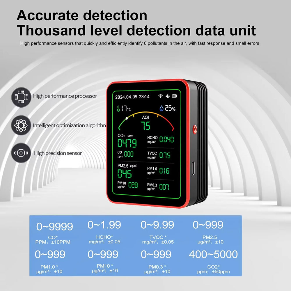 Moniteur de qualité de l'air intérieur 15-en-1 avec WiFi – Détecteur de CO2, COV, formaldéhyde et PM2,5 en temps réel pour la maison, le bureau et l'automatisation intelligente