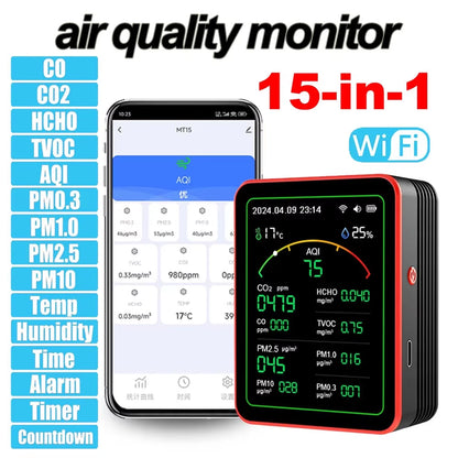Moniteur de qualité de l'air intérieur 15-en-1 avec WiFi – Détecteur de CO2, COV, formaldéhyde et PM2,5 en temps réel pour la maison, le bureau et l'automatisation intelligente