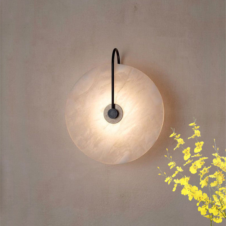 Natural Alabaster LED Wall Sconce – Stone Circle Light with Black or Gold Frame – Warm Glow Accent Lamp for Bedroom Hallway Living Room