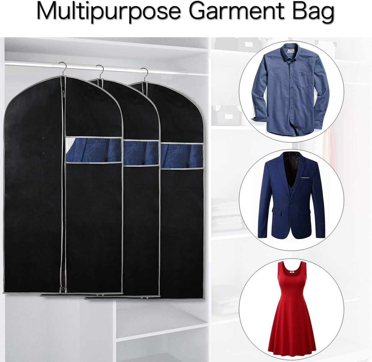 Suit and Dress Protector Bags with Clear Window Panel – Set of 10 Hanging Storage Covers – Zippered Wardrobe Organizers for Closet and Trave