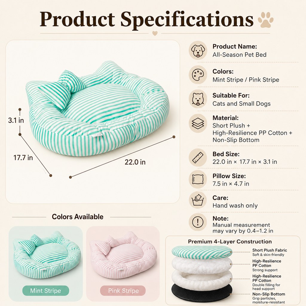 Ortekor All-Season Bolster Pet Bed with Pillow for Cats & Small Dogs - Soft Raised-Edge Support for Indoor Naps