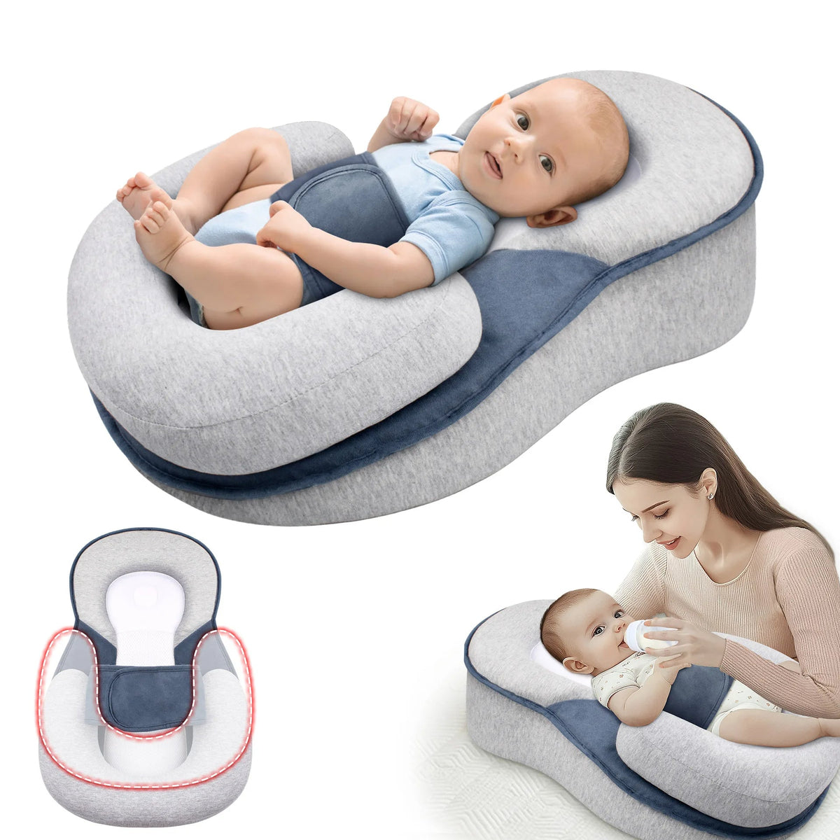 Incline Baby Nest with Reflux Relief for Newborns 0-6 Months Sleep Support Lounger with Adjustable Bolster Breathable Cotton Mesh