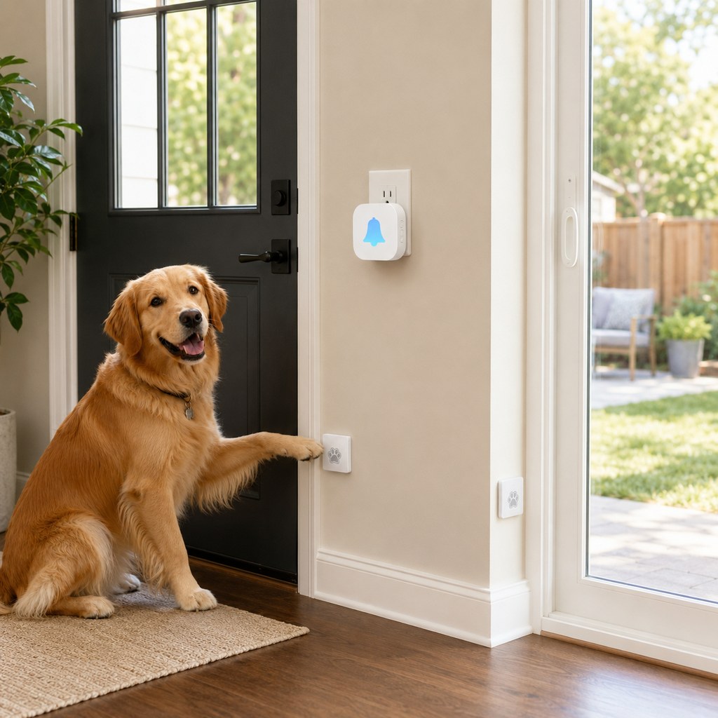 Ortekor Wireless Dog Doorbell for Potty Training - Self-Powered Paw Button & Plug-In Chime to Help Dogs Ask to Go Outside