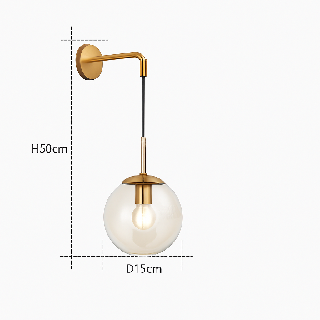 Glass Globe Wall Sconce with Metal Arm | Modern Industrial Hanging Sphere Light Fixture for Living Room, Bedroom & Dining