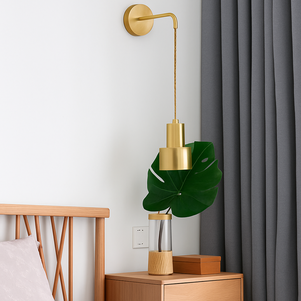 Gold Metal Wall Sconce with Hanging Shade | Modern Iron Fixture for Bedroom, Living Room & Dining | E27 Socket Downlight | Touch Switch