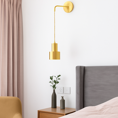 Gold Metal Wall Sconce with Hanging Shade | Modern Iron Fixture for Bedroom, Living Room & Dining | E27 Socket Downlight | Touch Switch