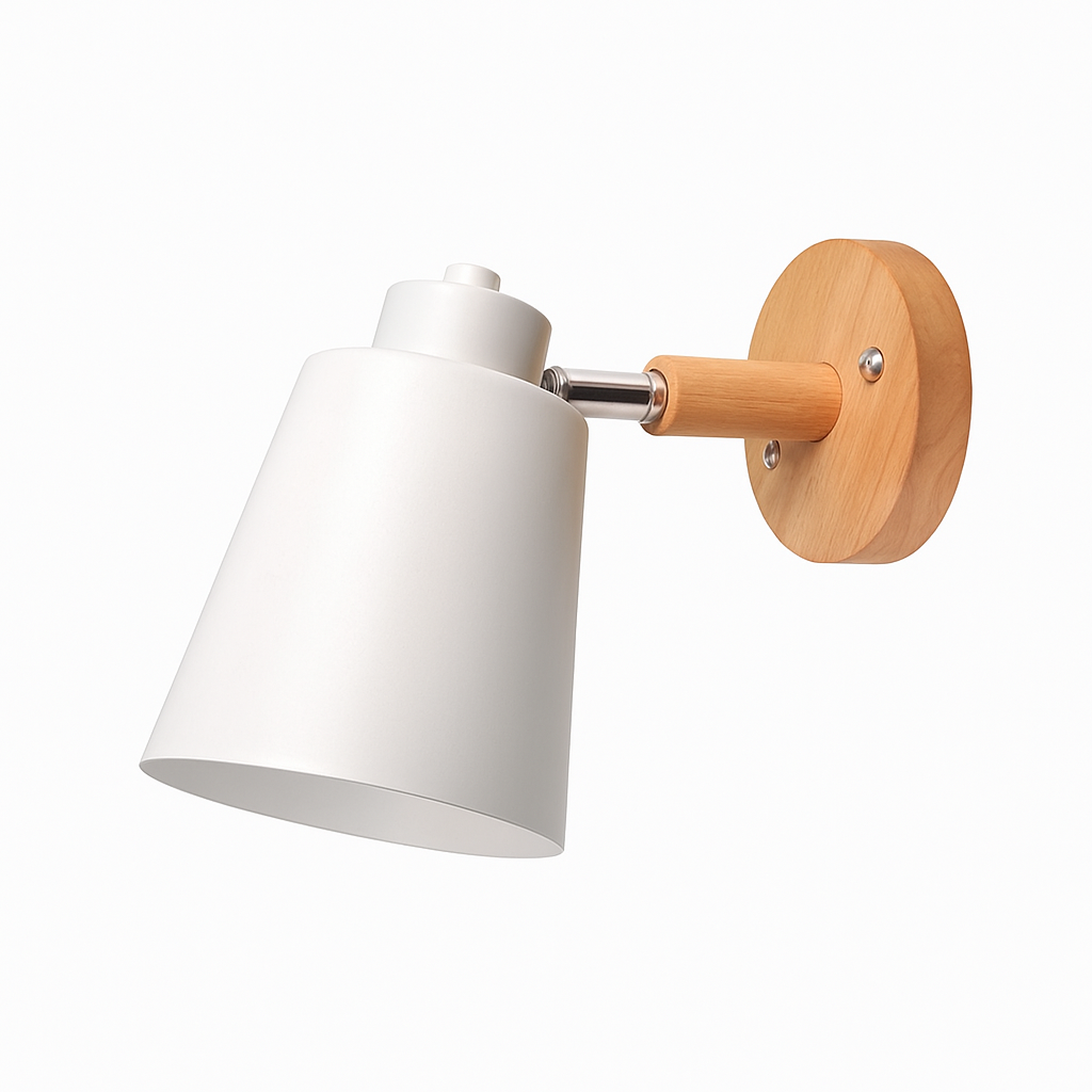Adjustable Metal Wall Sconce with Wood Bracket & Swivel Shade for Bedroom and Living Room – Modern Nordic LED Light Fixture