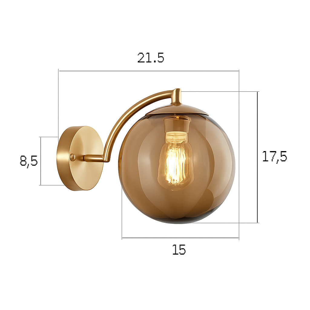 Gold Metal Wall Sconce with Smoked Glass Globe | Modern Wall Light for Living Room Bedroom Bathroom | European Design Wall Mounted Fixture