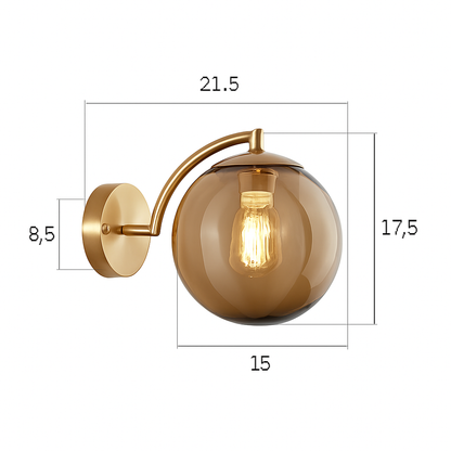 Gold Metal Wall Sconce with Smoked Glass Globe | Modern Wall Light for Living Room Bedroom Bathroom | European Design Wall Mounted Fixture
