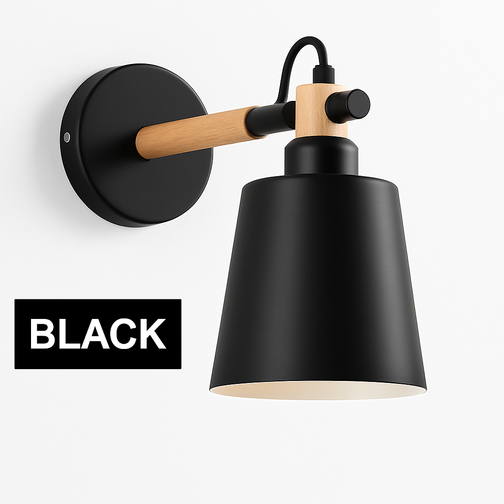 Scandinavian Wood & Metal LED Wall Sconce for Bedroom Living Room Dining Room | Modern Downlight E27 Bulb Included Black White Gray Blue