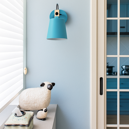 Scandinavian Wood & Metal LED Wall Sconce for Bedroom Living Room Dining Room | Modern Downlight E27 Bulb Included Black White Gray Blue