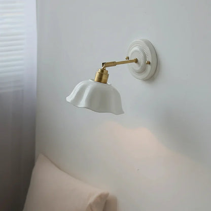 Adjustable Swing Arm Sconce with Porcelain Shade 7 in White & Copper Finish Task Light for Bedroom Nightstand Living Room Wall Accent