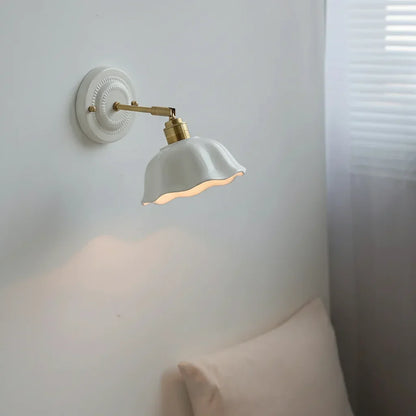 Adjustable Swing Arm Sconce with Porcelain Shade 7 in White & Copper Finish Task Light for Bedroom Nightstand Living Room Wall Accent