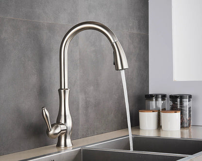 Single-Handle Brass Sink Mixer with Retractable Spray Hose for Kitchen – 17.7 in Height, 360° Swivel Spout, Easy-Install Single-Hole Mount,