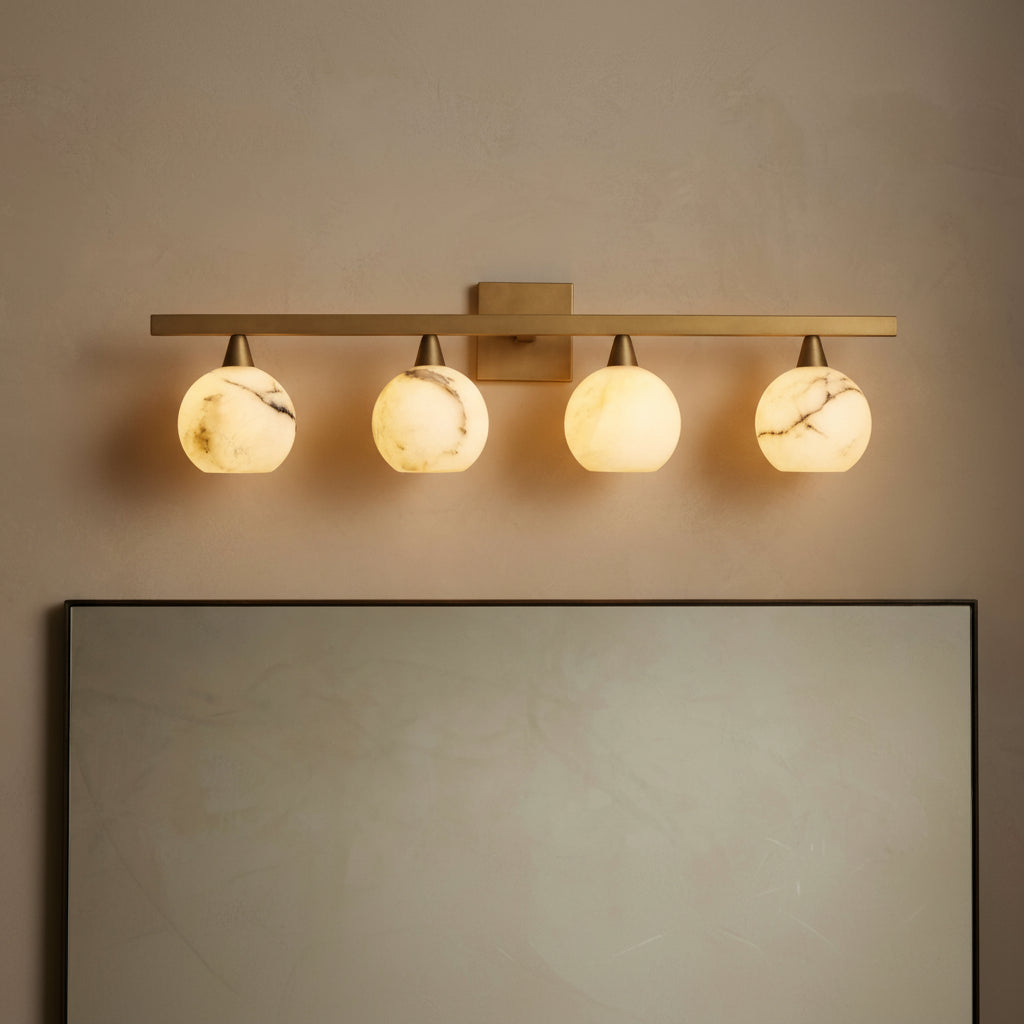 Natural Alabaster Stone Wall Sconce 4-Light Fixture Brass Frame Curved Shades Bathroom Vanity Light Dimmable Hardwired Modern Lighting