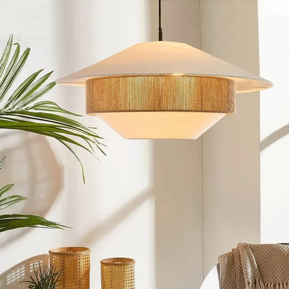Woven Rattan-Style Hanging Fixture Brown Cotton 20 in Dining Room Bedroom Soft Glow Overhead Japandi Minimalist Living Room Natural Fiber Ce