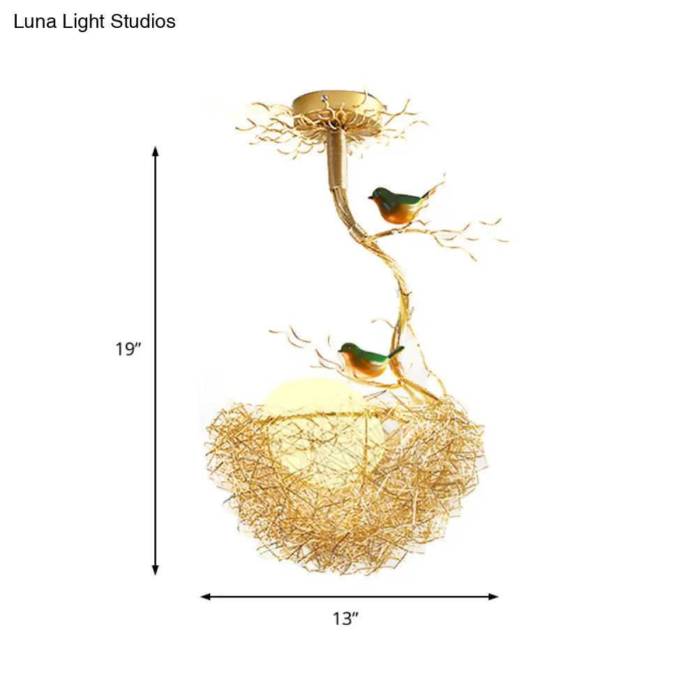 Nature-Inspired Ceiling Pendant Light with Bird Accents & Woven Metal Design — Gold Hanging Fixture for Dining Room, Bedroom, Living Room