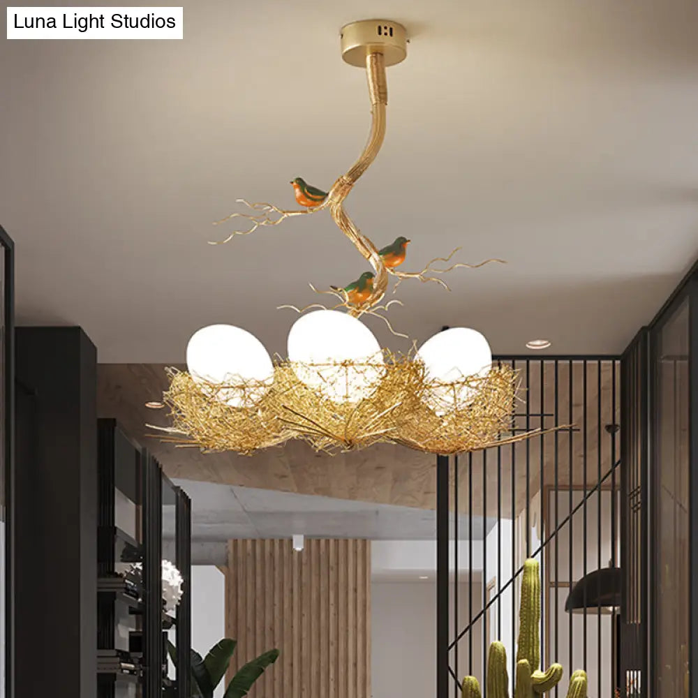 Nature-Inspired Ceiling Pendant Light with Bird Accents & Woven Metal Design — Gold Hanging Fixture for Dining Room, Bedroom, Living Room