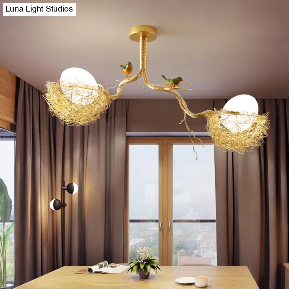Nature-Inspired Ceiling Pendant Light with Bird Accents & Woven Metal Design — Gold Hanging Fixture for Dining Room, Bedroom, Living Room