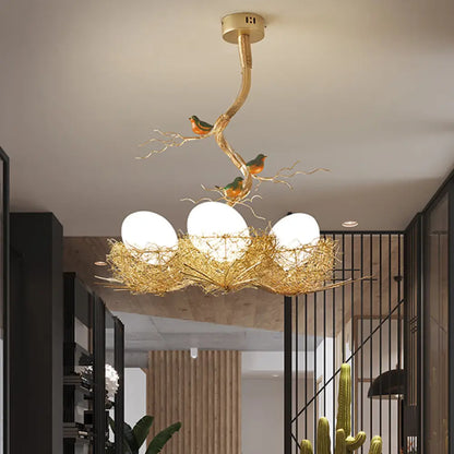 Nature-Inspired Ceiling Pendant Light with Bird Accents & Woven Metal Design — Gold Hanging Fixture for Dining Room, Bedroom, Living Room