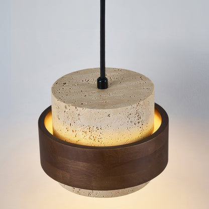 Natural Travertine Stone Pendant Light with Wood Accents – Adjustable Height LED Ceiling Fixture for Dining Room, Kitchen Island & Bar