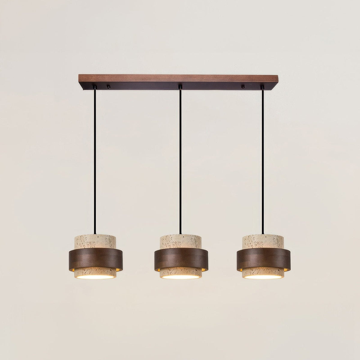 Natural Travertine Stone Pendant Light with Wood Accents – Adjustable Height LED Ceiling Fixture for Dining Room, Kitchen Island & Bar