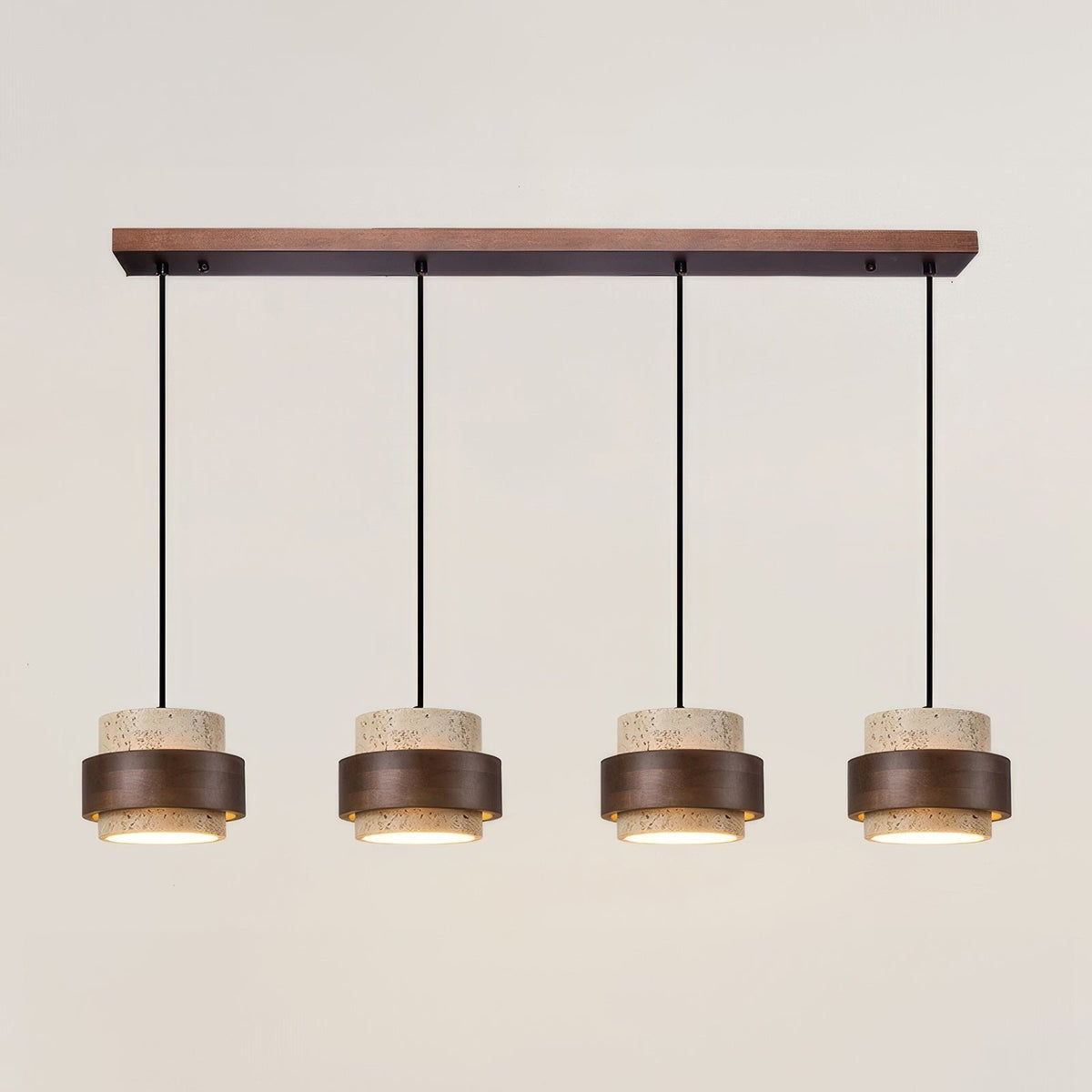 Natural Travertine Stone Pendant Light with Wood Accents – Adjustable Height LED Ceiling Fixture for Dining Room, Kitchen Island & Bar