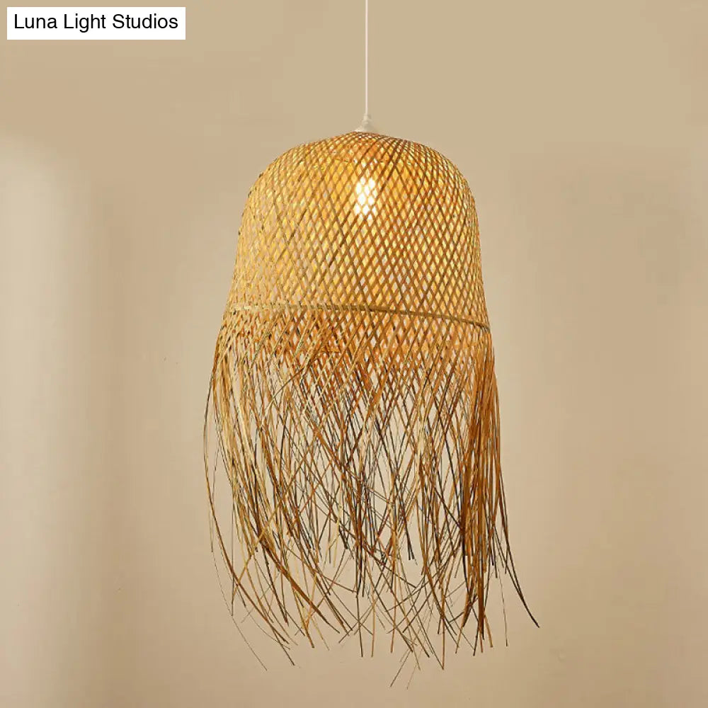 Woven Rattan Dome Hanging Light with Natural Fringe Trim | Bohemian Ceiling Pendant Fixture | E26 Socket | 1-Bulb