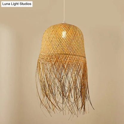 Woven Rattan Dome Hanging Light with Natural Fringe Trim | Bohemian Ceiling Pendant Fixture | E26 Socket | 1-Bulb
