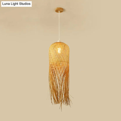 Woven Rattan Dome Hanging Light with Natural Fringe Trim | Bohemian Ceiling Pendant Fixture | E26 Socket | 1-Bulb