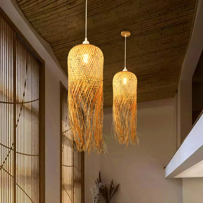 Woven Rattan Dome Hanging Light with Natural Fringe Trim | Bohemian Ceiling Pendant Fixture | E26 Socket | 1-Bulb