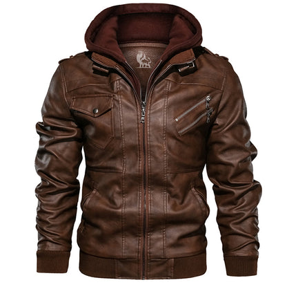 Men's Hooded Faux Leather Jacket with Removable Hood – Waterproof Scratch-Resistant Moto Biker Coat for Fall Winter