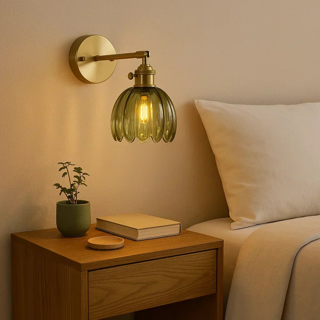 Tulip Glass Sconce with Brass Arm 7 in Floral Shade E27 Socket Bedside Hallway Ambient Light Vintage Decorative Fixture for Bedroom Living R
