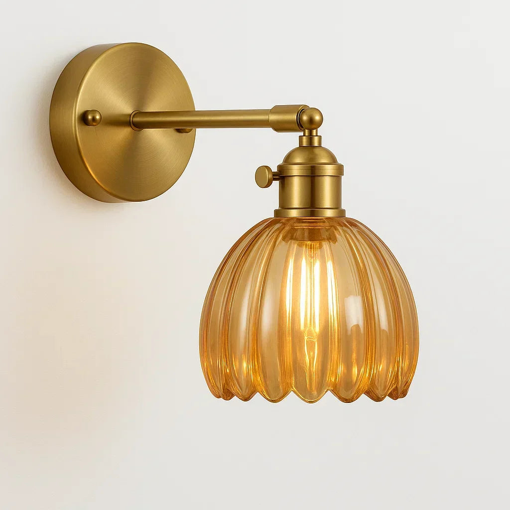 Floral Glass Sconce Brass Arm E27 Socket 7 inch Height Ambient Bedside Fixture for Bedroom Hallway Entry Reading Nook Vintage Tulip-Inspired