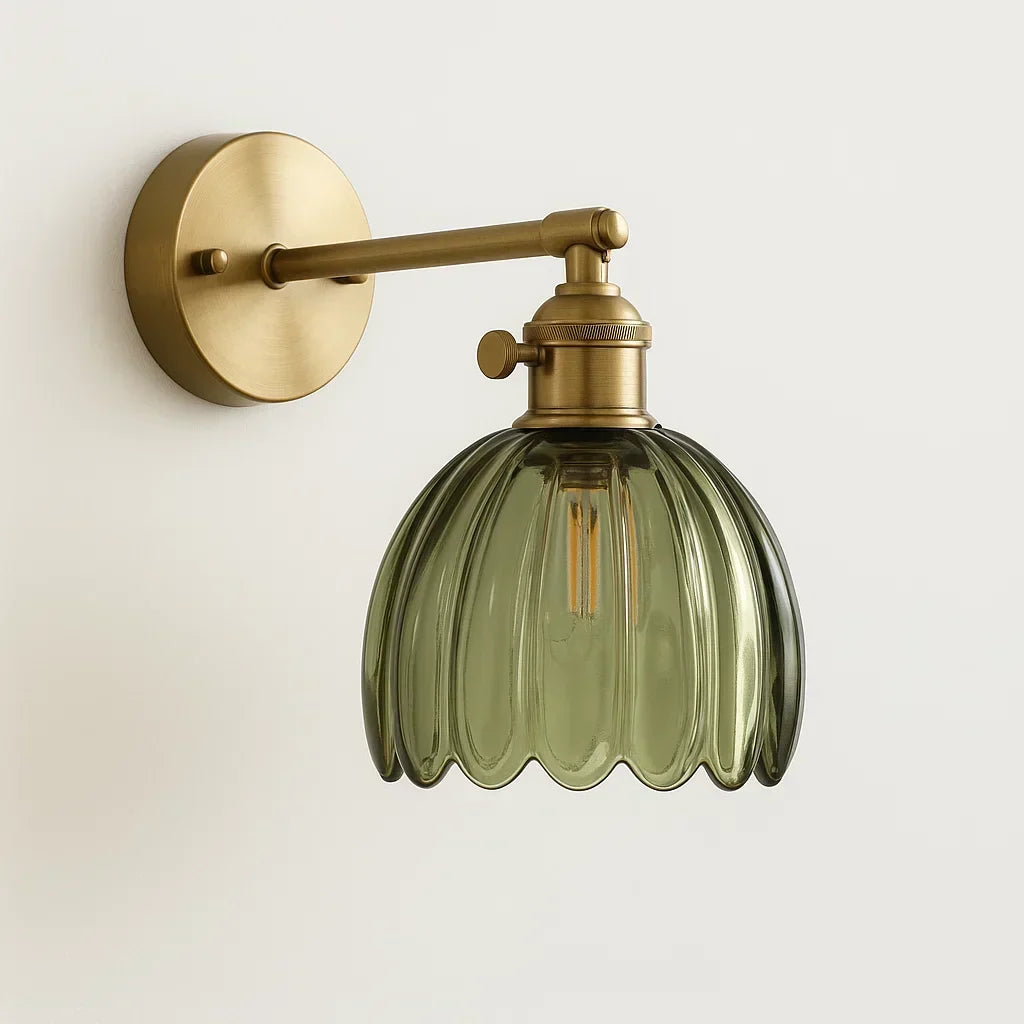 E27 Sconce with Floral Glass Shade – Brass Accent Fixture for Bedside, Entryway & Cozy Rooms – 7 in Height, Vintage-Inspired Design, Fits LE