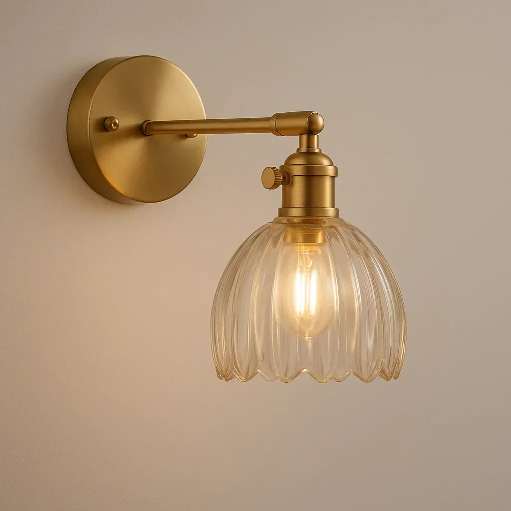 E27 Sconce with Floral Glass Shade – Brass Accent Fixture for Bedside, Entryway & Cozy Rooms – 7 in Height, Vintage-Inspired Design, Fits LE