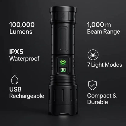 High-Lumen Rechargeable Tactical Flashlight with 5 Modes & 1640 ft Beam for Camping, Hunting & Emergency Use