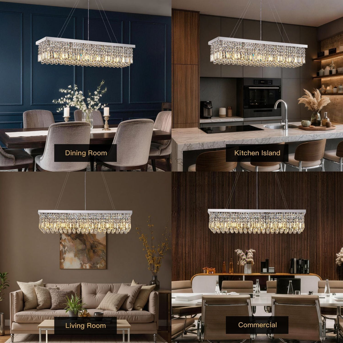 Linear K9 Glass Drop Ceiling Light Fixture for Dining Room & Kitchen – Chrome Finish