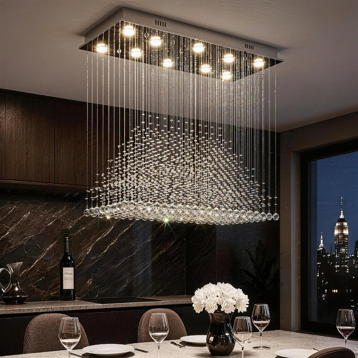 Rectangular Crystal Chandelier with Pyramid Design, 10-Light Stainless Steel Hanging Fixture for Dining Room, Kitchen Island & Living Room