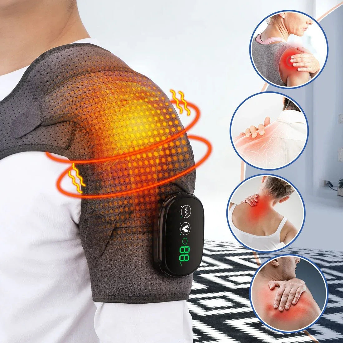Heated Shoulder Brace with Vibration Massage & Adjustable Support Wrap for Pain Relief
