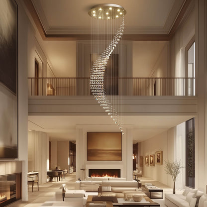 Cascading Crystal Pendant Light Fixture Adjustable Chrome Hanging Lamp for Entryway Stairwell High Ceiling Rooms with Raindrop Prisms