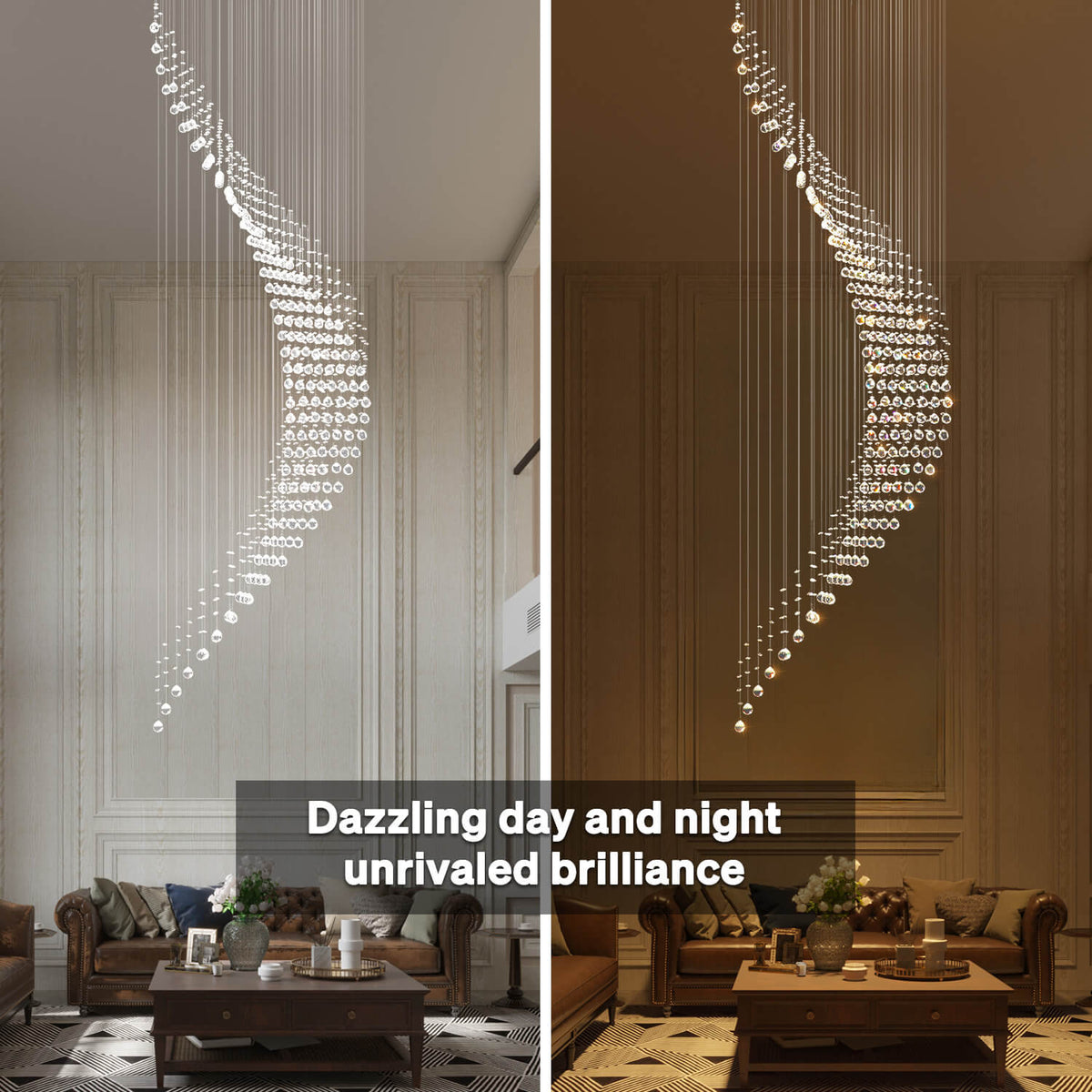 Cascading Crystal Pendant Light Fixture Adjustable Chrome Hanging Lamp for Entryway Stairwell High Ceiling Rooms with Raindrop Prisms