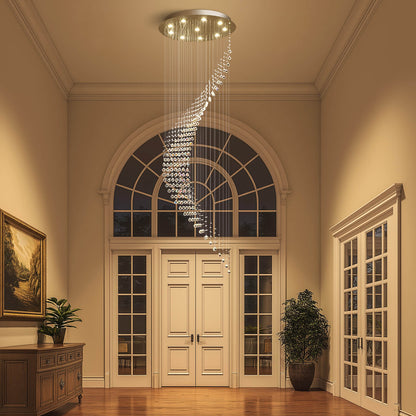 Cascading Crystal Pendant Light Fixture Adjustable Chrome Hanging Lamp for Entryway Stairwell High Ceiling Rooms with Raindrop Prisms