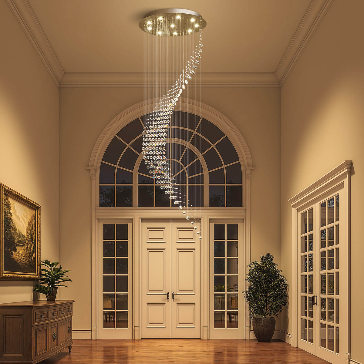 Cascading Crystal Fixture Chrome Finish GU10 Dimmable for Tall Foyers Stairwells Double-Height Rooms Adjustable Height Hanging Light