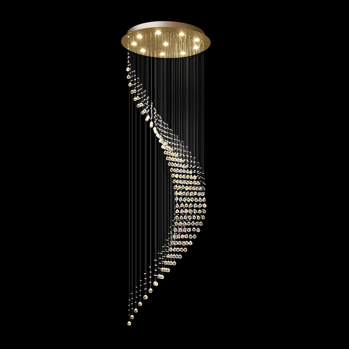 Cascading Crystal Pendant Light Fixture Adjustable Chrome Hanging Lamp for Entryway Stairwell High Ceiling Rooms with Raindrop Prisms