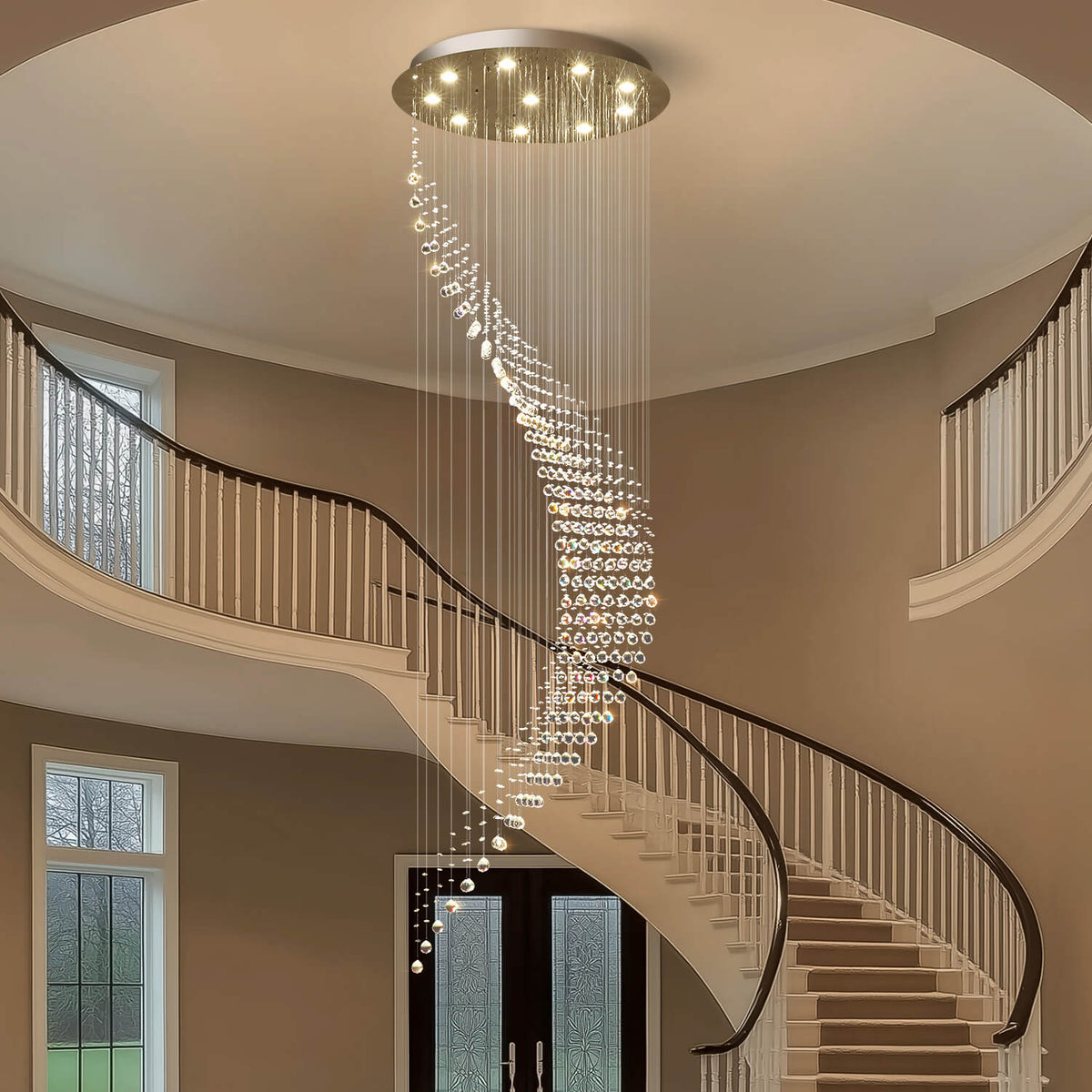 Cascading Crystal Pendant Light Fixture Adjustable Chrome Hanging Lamp for Entryway Stairwell High Ceiling Rooms with Raindrop Prisms