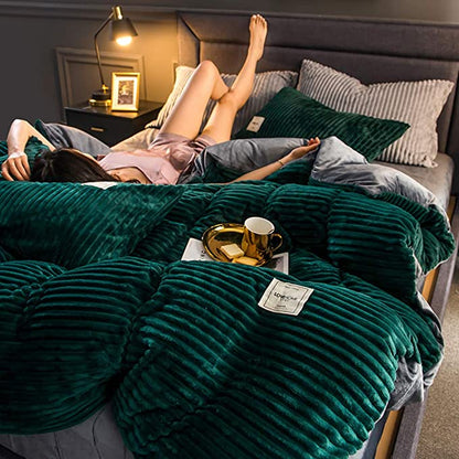 Housse de couette en polaire pelucheuse pour lit Queen/King, parure de lit texturée côtelée verte, housse de couette thermique isolante poids hiver pour nuits froides, chambre