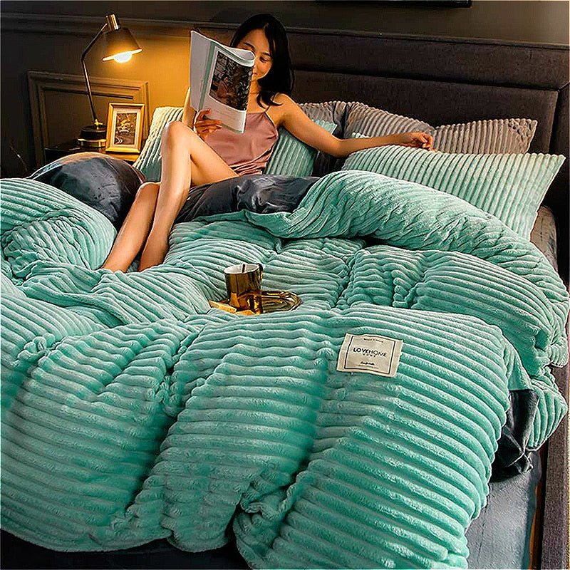 Housse de couette en polaire pelucheuse pour lit Queen/King, parure de lit texturée côtelée verte, housse de couette thermique isolante poids hiver pour nuits froides, chambre