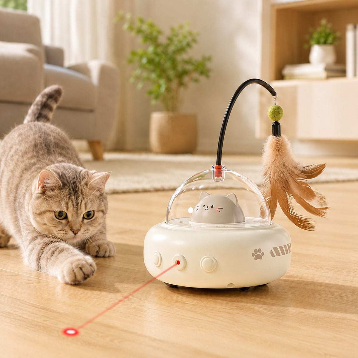 Ortekor Automatic UFO Cat Toy for Indoor Cats - Red Dot Laser, Feather Teaser & Catnip Ball for Bored Cats While You're Busy